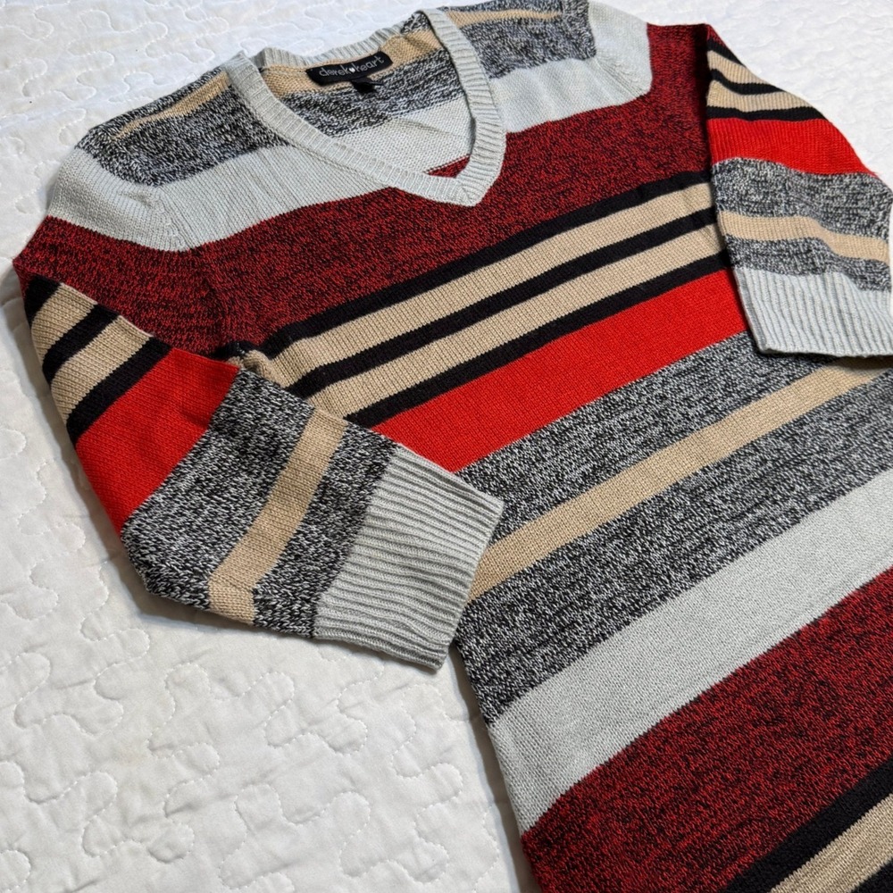 Women Large Sweater Dress Multicolor Striped V-Neck FALL WINTER INDIE BOLD RETRO